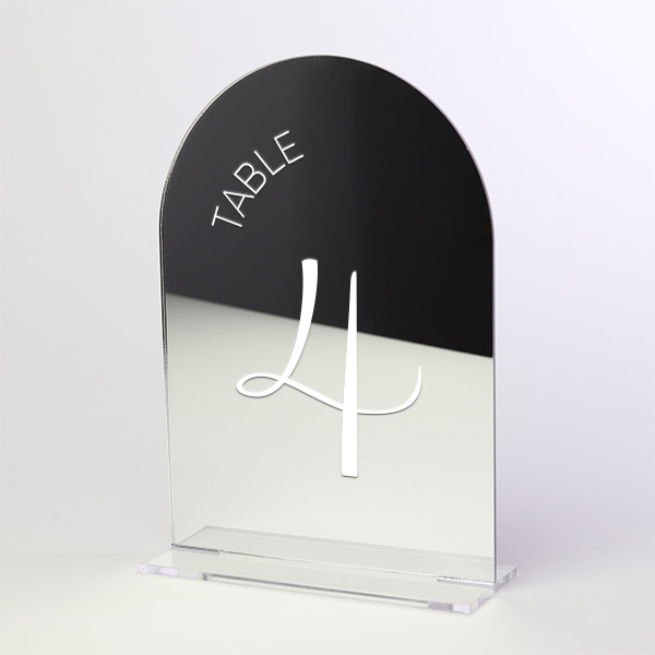 Silver Mirror Acrylic Arch Top Table Sign with Clip In Clear Base